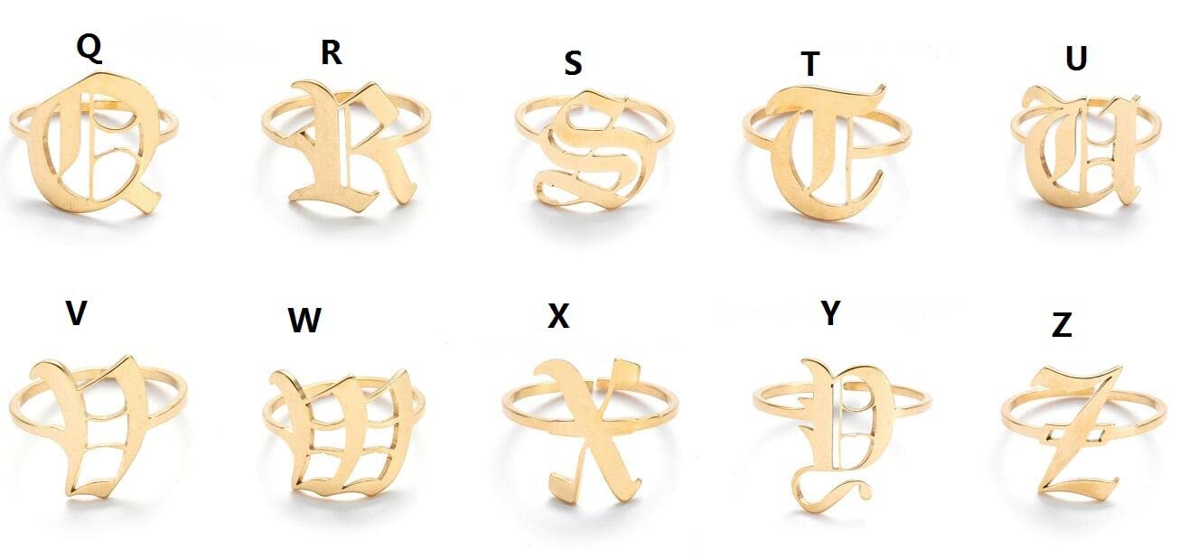 2 Pcs Letter Rings for Women Personalized Old English Name Rings Initial Rings 18K Gold Plated Adjustable Ring (gold silver G(2Pcs))