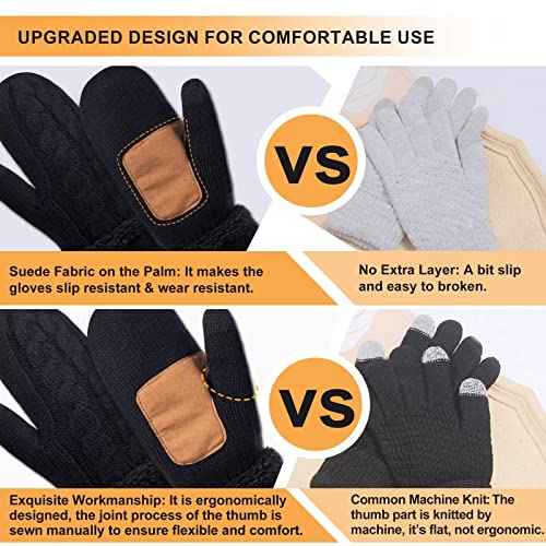 Mittens for Women Cold Weather, Womens Mittens Merino Wool Cable Knit Warm with Thick Thermal Fleece Lined, Winter Gloves with Touchscreen Fingers Anti-Slip(Black)