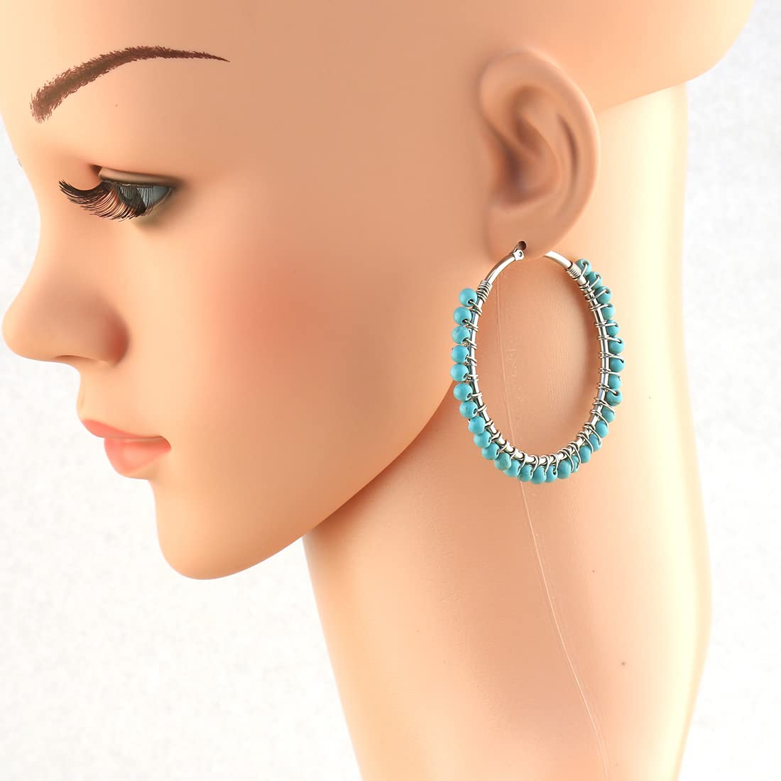 Chmuen Faux Turquoise Beaded Hoop Earrings Vintage Stainless Steel Big Earrings (50mm, Silver tone)