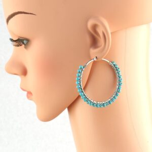 Chmuen Faux Turquoise Beaded Hoop Earrings Vintage Stainless Steel Big Earrings (50mm, Silver tone)