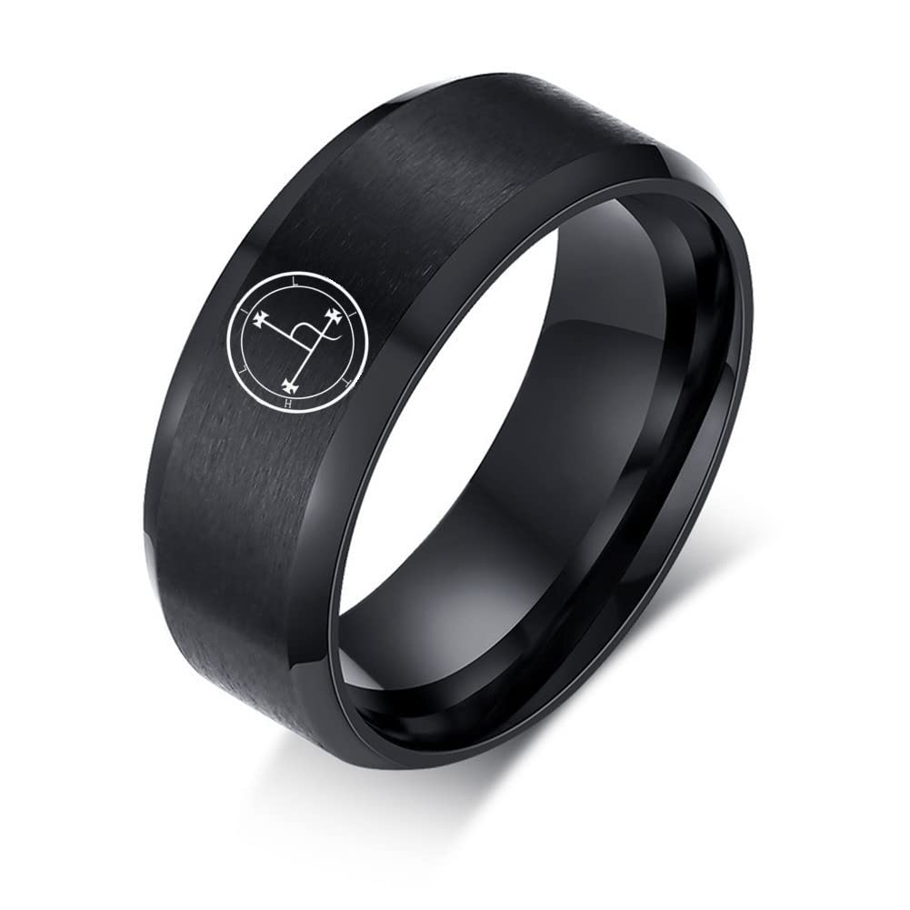 Black Plated Matte Sigil of Lilith Female Symbol of Power Ring, Stainless Steel Pagan Satanic Feminine Devil Lilith Seals Plain Ring Feminist Wedding Band for Her, Size 8