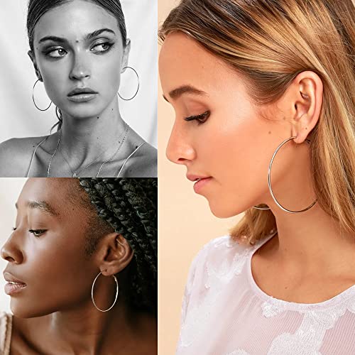 OOOPEL 2mm Sterling Silver Big Hoop Earrings For Women Sterling Silver Hoop Earrings Large Silver Hoop Earrings Womens Hypoallergenic Circle Endless Thin Hoop Oversize Silver Hoop Earrings For Women