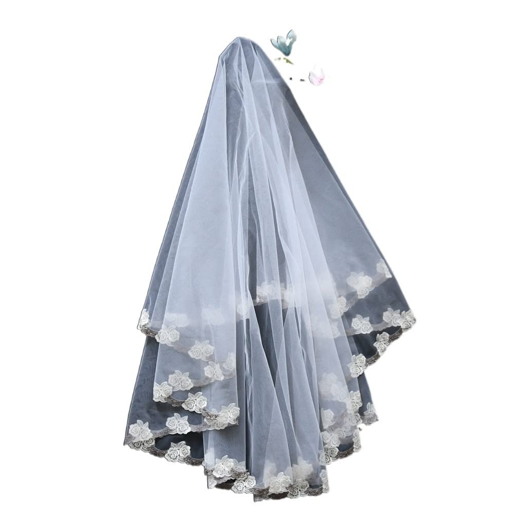 Short Veil White Rose Applique Blusher Veil Wedding Veils Bride Accessories for Girlfriend Exquisite Bridal Tulle Flower Edge Wedding (Color : White)