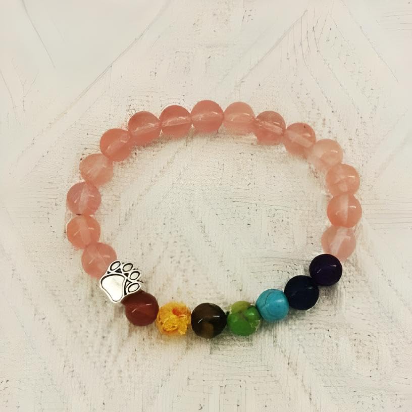 7 Chakra Natural Stone Paw Charm Bracelet (Pink) Lava Rock Mala Beads Elastic Bracelet Yoga Meditation Healing, Dog Puppy Cat Animal Paw Bracelet