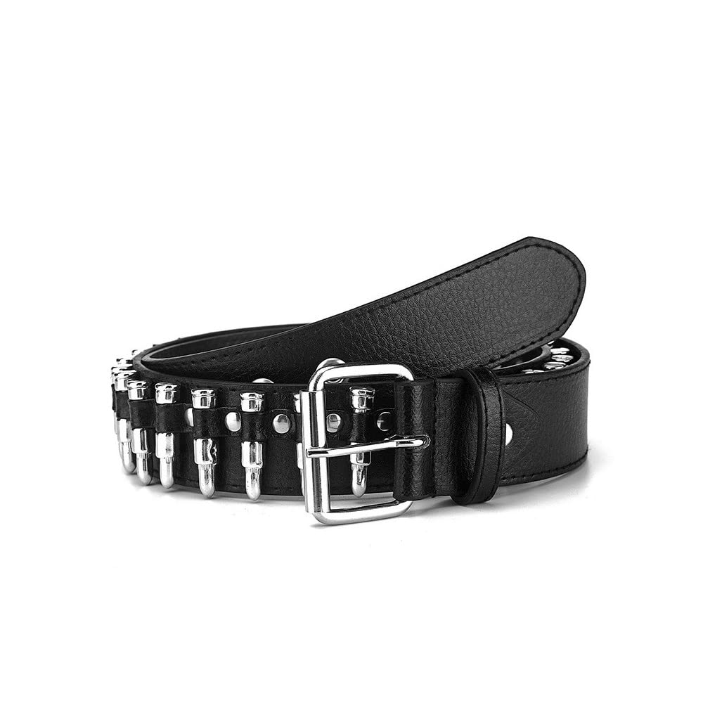 Rsleepd Bullet Studded Belt, Punk Rivet Belt Black Leather Rock Belt with Silver Bullet for Women Men