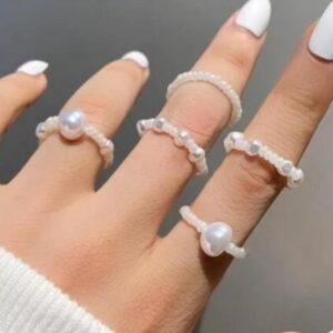 LARVOVUE 4 pcs White Pearl Adjustable Rings for Women and Handmade Stacking Stackable Beaded Rings (4 pcs White Pearl)