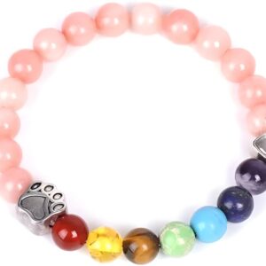 7 Chakra Natural Stone Paw Charm Bracelet (Pink) Lava Rock Mala Beads Elastic Bracelet Yoga Meditation Healing, Dog Puppy Cat Animal Paw Bracelet