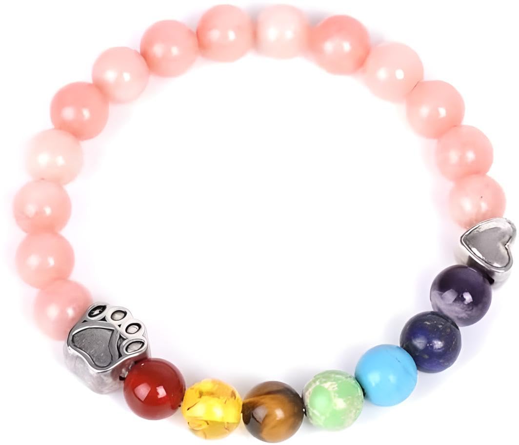 7 Chakra Natural Stone Paw Charm Bracelet (Pink) Lava Rock Mala Beads Elastic Bracelet Yoga Meditation Healing, Dog Puppy Cat Animal Paw Bracelet