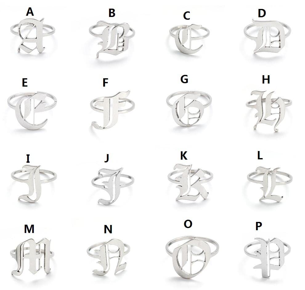 2 Pcs Letter Rings for Women Personalized Old English Name Rings Initial Rings 18K Gold Plated Adjustable Ring (gold silver G(2Pcs))