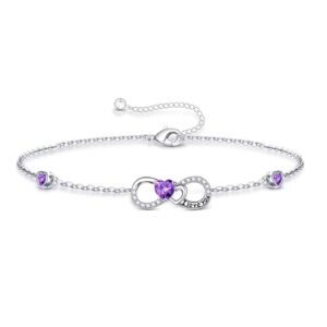 Love Heart Birthstone Bracelet for Women, 925 Sterling Silver Birthstone Zirconia Anniversary Valentines Day Gifts for Her Mothers Day Christmas Birthday Gifts for Women Teen Girls, Created Amethyst