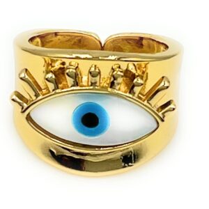 LESLIE BOULES 18K Gold Plated Evil Eye Ring Adjustable Size Jewelry for Women