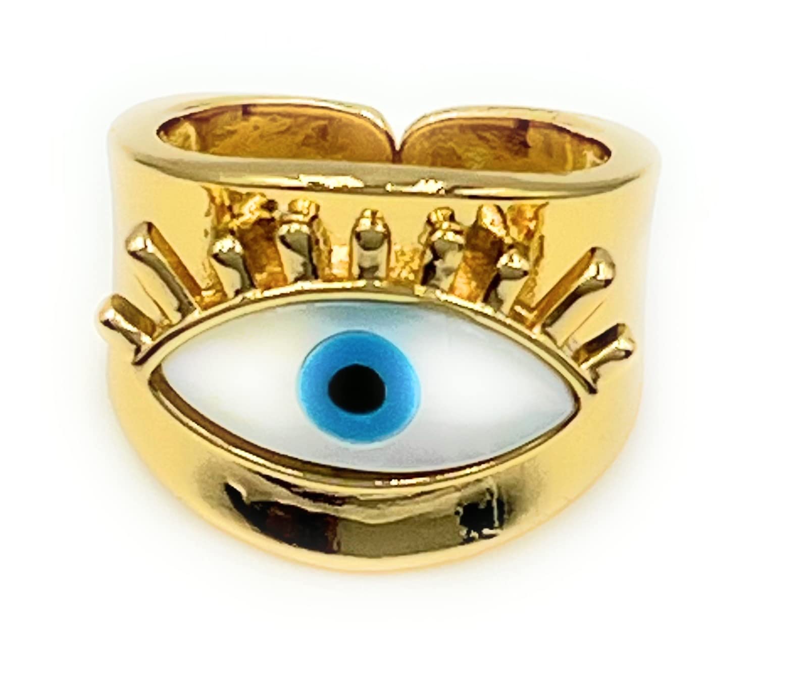 LESLIE BOULES 18K Gold Plated Evil Eye Ring Adjustable Size Jewelry for Women