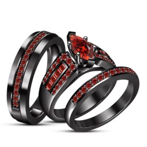 14k black gold over marquise & round cut red garnet 925 sterling silver diamond wedding engagement trio ring set for his & her