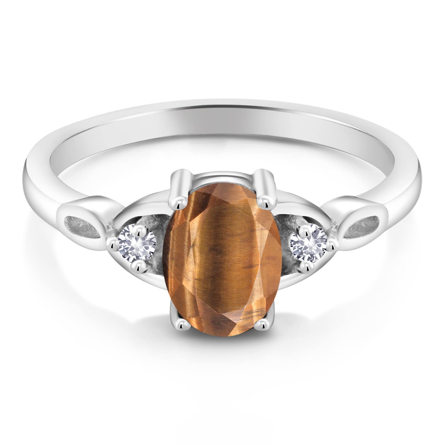 Gem Stone King 925 Sterling Silver Brown Tiger Eye and White Created Sapphire 3-Stone Rings For Women (1.33 Cttw, Gemstone, Oval 8X6MM, Available In Size 5, 6, 7, 8, 9)