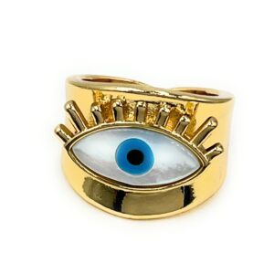 LESLIE BOULES 18K Gold Plated Evil Eye Ring Adjustable Size Jewelry for Women