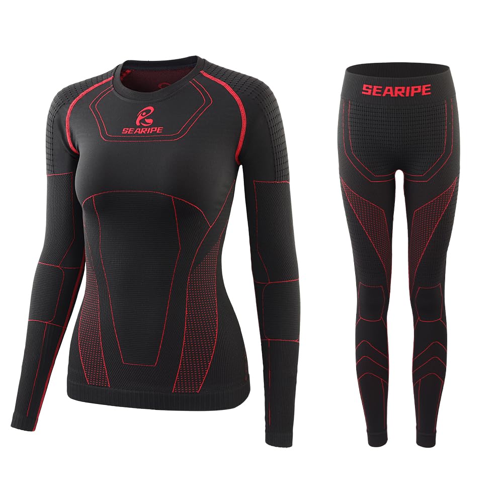 SEARIPE Women Thermal Underwear, Ski Base Layer - Long Sleeve Compression Tops & Long Johns Bottom Sets Quick Drying (SE111,W-BK,XS)