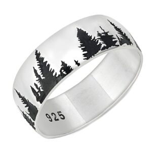 jewelritzy solid 925 sterling silver 6.8mm forest pine trees engraved band ring size 7