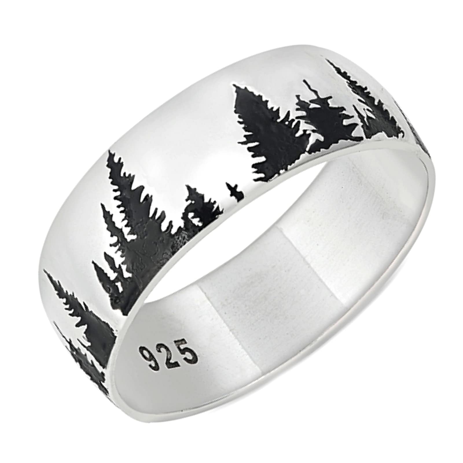 JEWELRITZY Solid 925 Sterling Silver 6.8mm Forest Pine Trees Engraved Band Ring Size 7