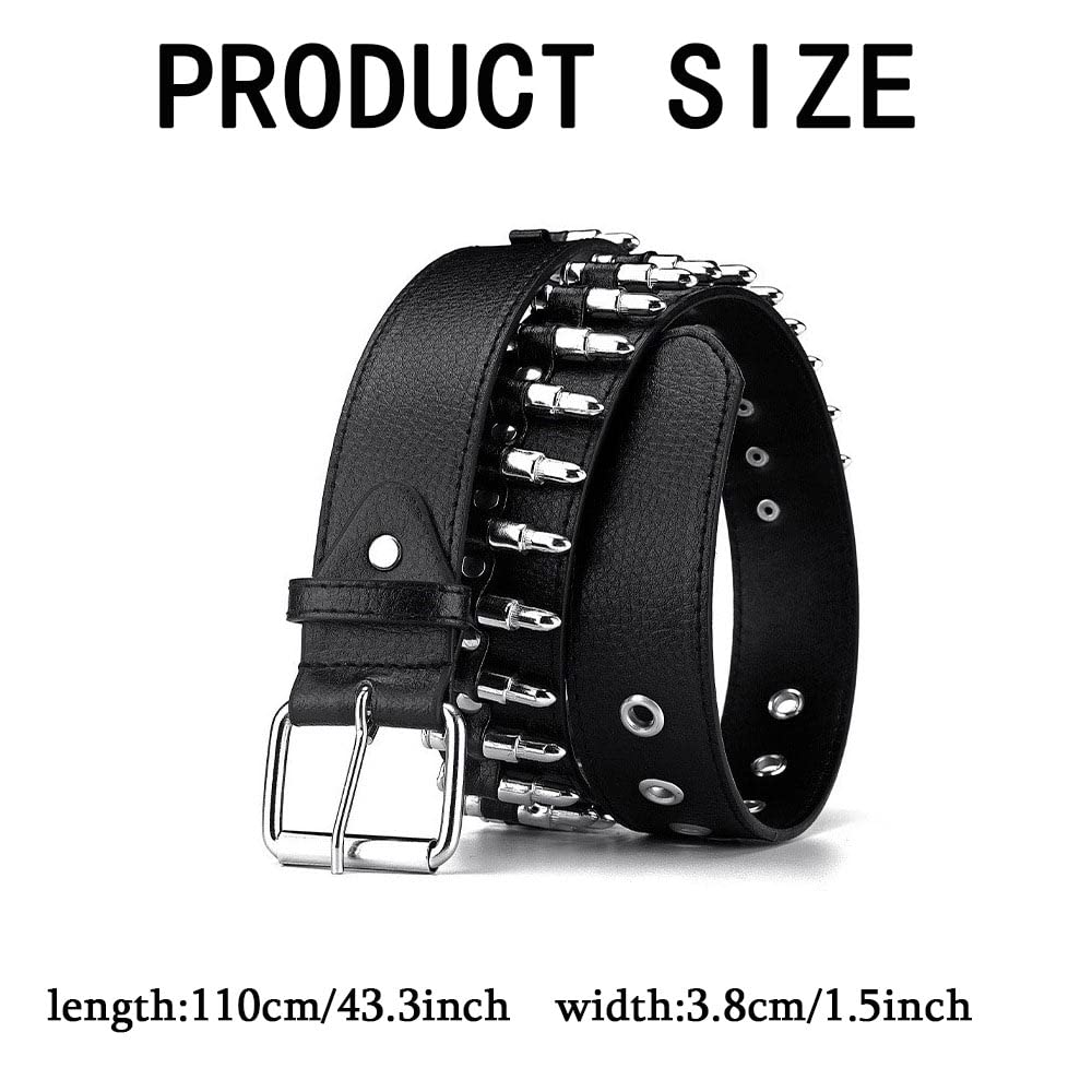 Rsleepd Bullet Studded Belt, Punk Rivet Belt Black Leather Rock Belt with Silver Bullet for Women Men