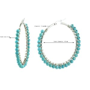 Chmuen Faux Turquoise Beaded Hoop Earrings Vintage Stainless Steel Big Earrings (50mm, Silver tone)