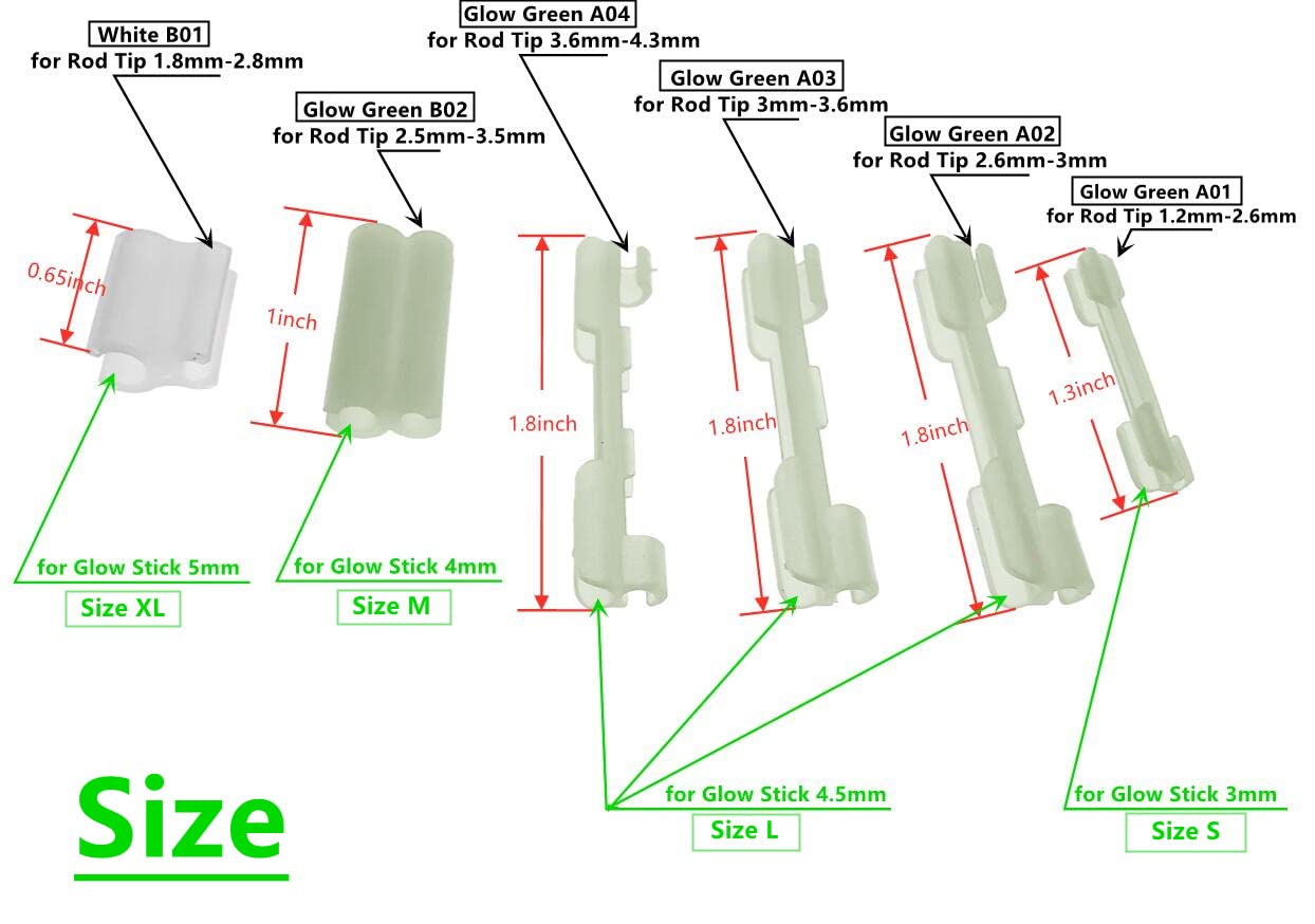Fishing Glow Stick Clips Fishing Tube Connectors Rod Tip Glow Fluorescent Sticks Clip Holder for Rod Top Glow Stick Fixed (S (for Glow Stick 3mm), Glow Green A01 (for Rod Tip 1.2mm-2.6mm))