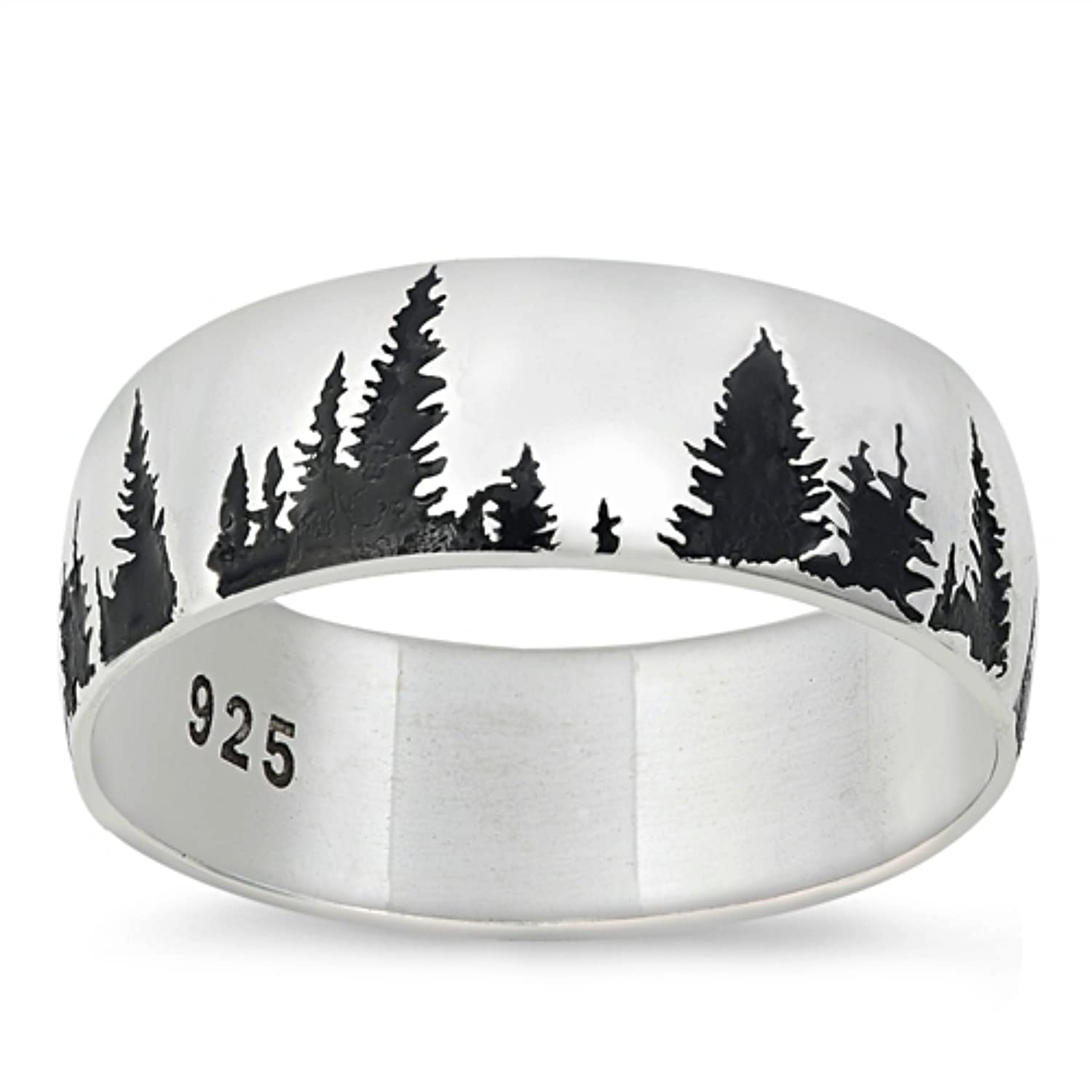 JEWELRITZY Solid 925 Sterling Silver 6.8mm Forest Pine Trees Engraved Band Ring Size 7