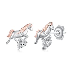 SVODEA Horse Heart Earrings Rose Gold Plated 925 Sterling Silver Horse Stud Earrings with 5A Cubic Zirconia Cute Animal Stud Earrings Jewelry Gift for Women Mom Wife