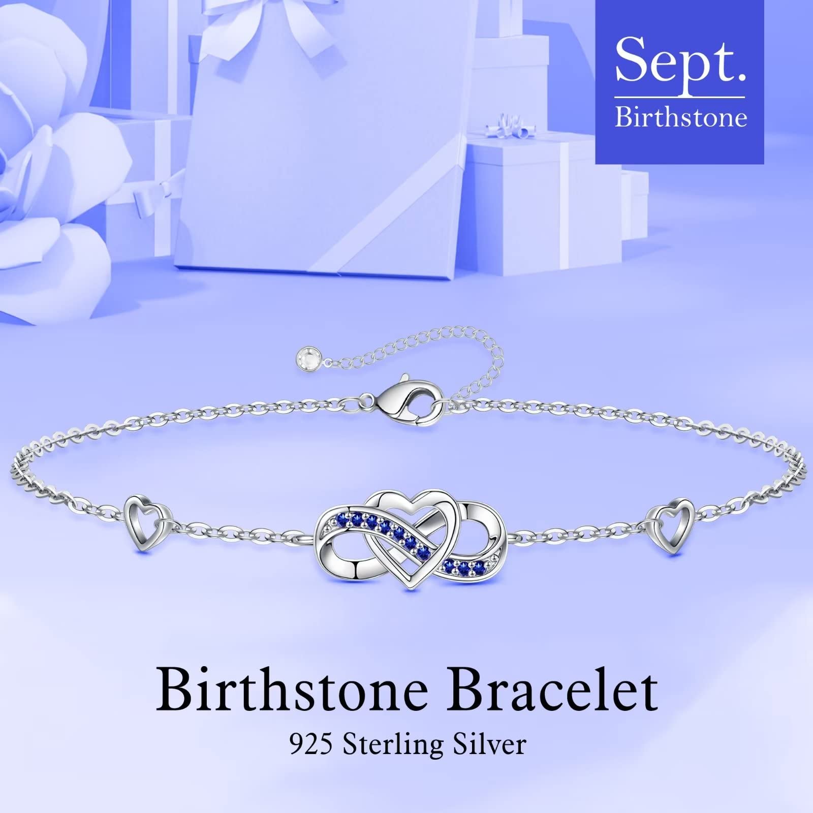 Memorjew Birthstone Bracelet for Women - 925 Sterling Silver Bracelet Gifts for Women, September Sapphire Birthstone Bracelet Charms Gifts Anniversary Mothers Day Birthday Gifts for Women