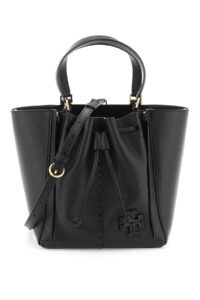 tory burch women's mcgraw drawstring leather satchel black pebbled leather handbag