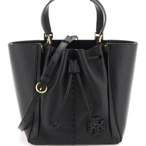 Tory Burch Women's McGraw Drawstring Leather Satchel Black Pebbled Leather Handbag