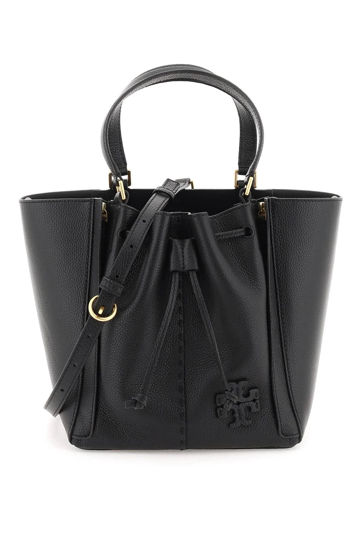 Tory Burch Women's McGraw Drawstring Leather Satchel Black Pebbled Leather Handbag