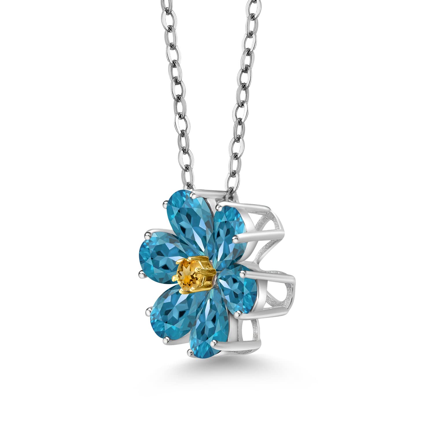 Gem Stone King 925 Sterling Silver and 10K Yellow Gold London Blue Topaz and Yellow Citrine Pear Shape Flower Pendant Necklace For Women (2.47 Cttw, Gemstone Birthstone, with 18 Inch Chain)