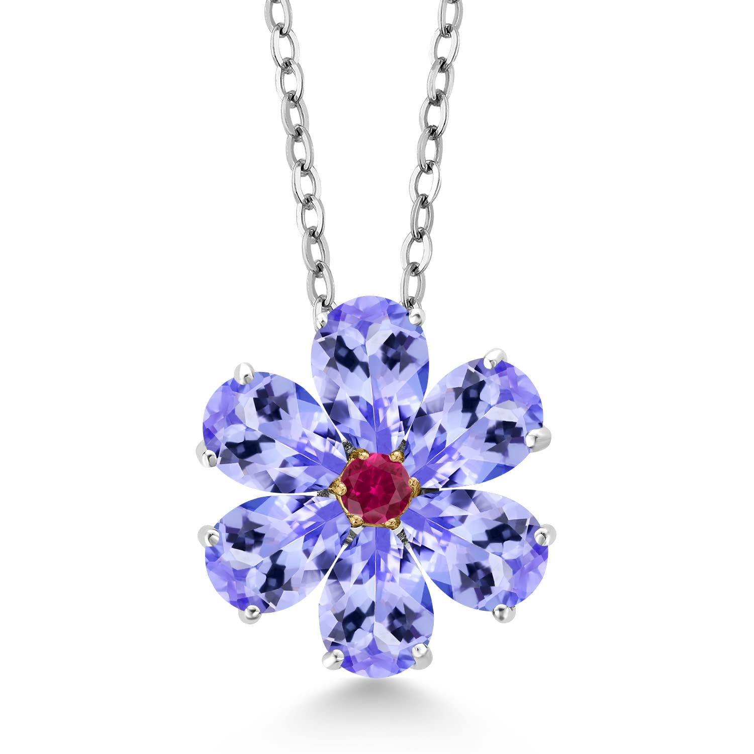 Gem Stone King 925 Sterling Silver and 10K Yellow Gold Blue Tanzanite and Red Created Ruby Pear Shape Flower Pendant Necklace For Women (2.73 Cttw, Gemstone Birthstone, with 18 Inch Chain)