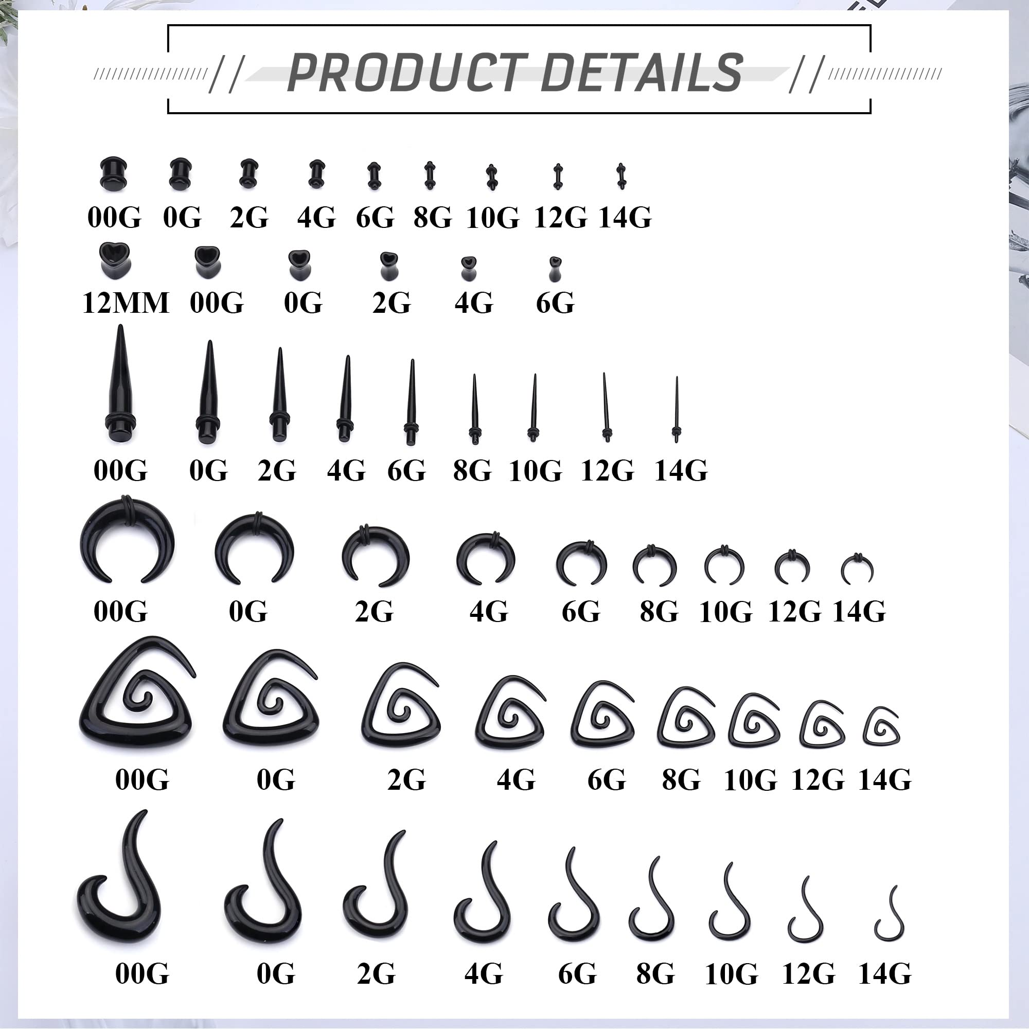 ORAZIO 93 Pcs Ear Gauges Stretching Kit 14G-00G Ear Gauges Expander Set Acrylic Spiral Tapers and Plugs Gauges for Ears Silicone Snail Tunnels Horseshoes Body Piercing Jewelry Set