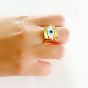 LESLIE BOULES 18K Gold Plated Evil Eye Ring Adjustable Size Jewelry for Women