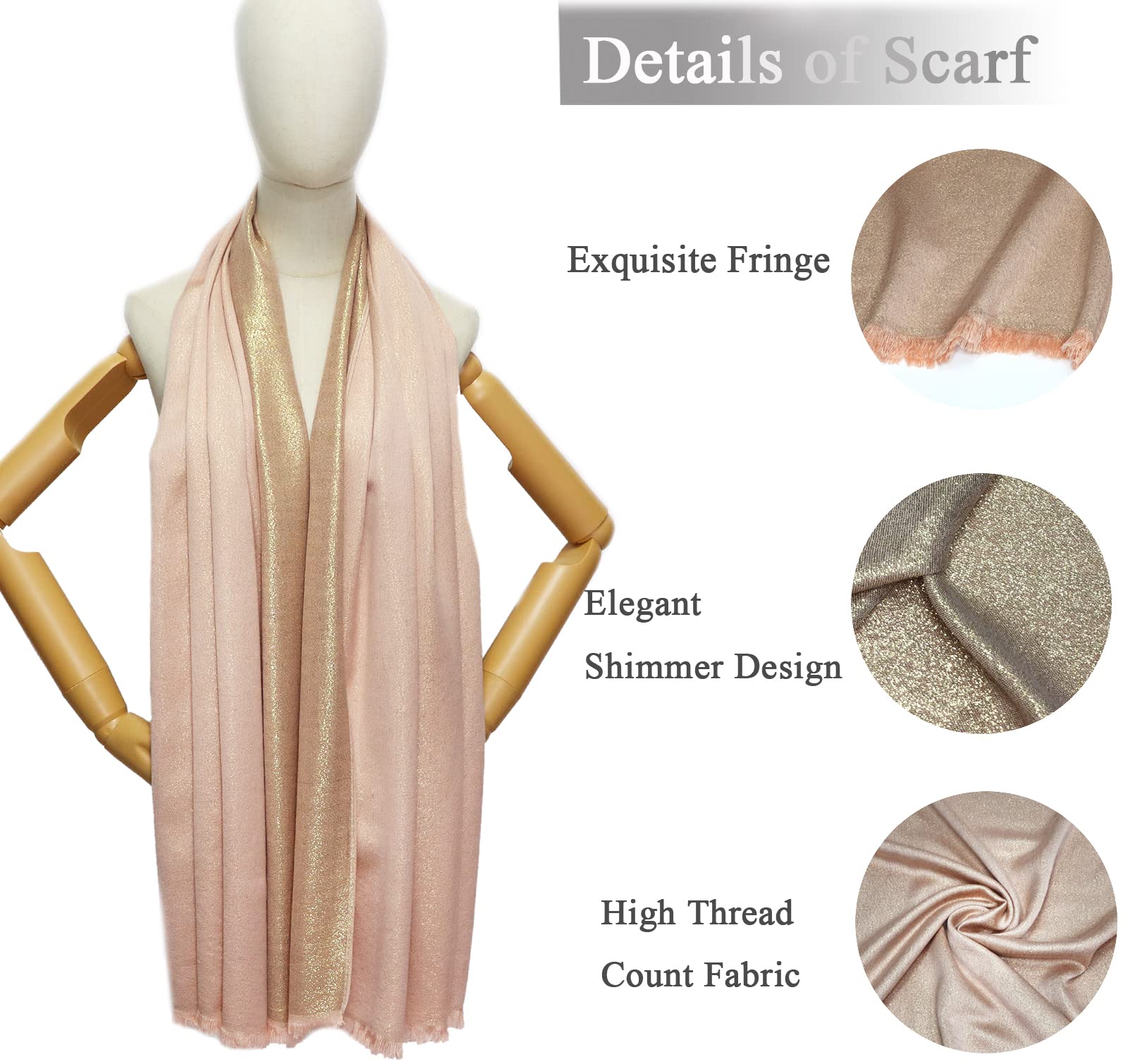 Gragengs Women's Sparkling Metallic Pashmina Shawls and Wraps Long Party Scarf Solid Color Two Tone,Rose Gold