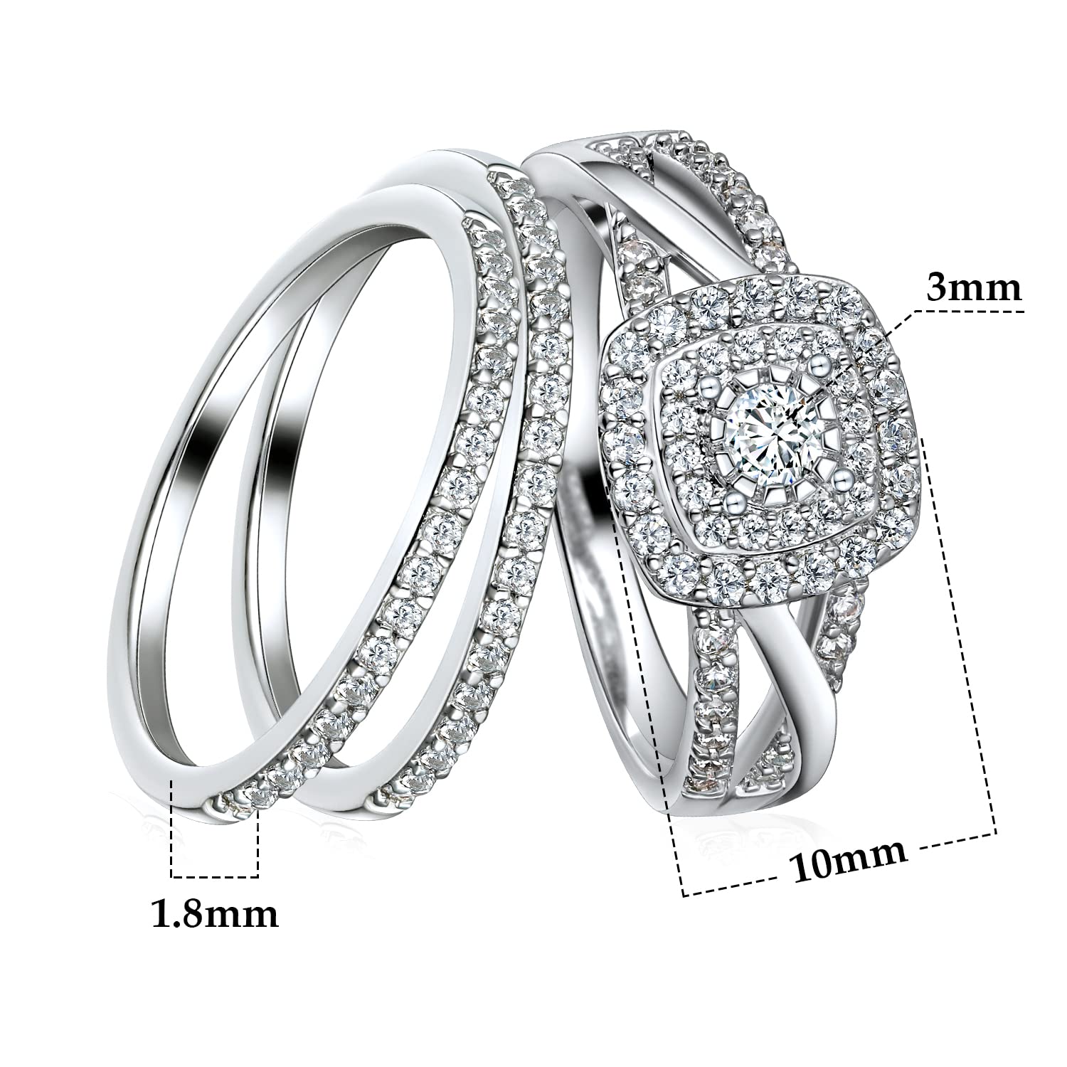 MDFUN Three-in-One ring set Square Halo Wedding Band Set Engagement Ring 18K White Gold Plated Cubic Zirconia Promise ring Eternity Ring for Women Size 8