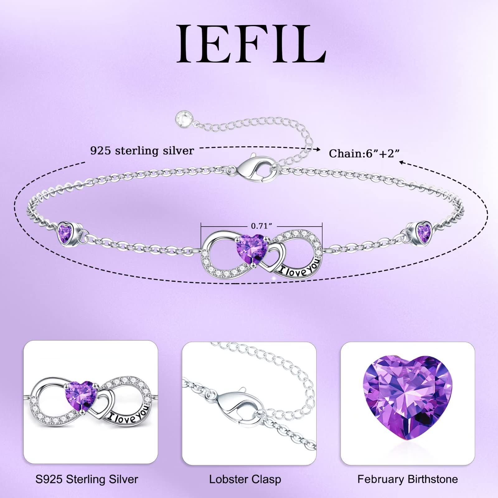 Love Heart Birthstone Bracelet for Women, 925 Sterling Silver Birthstone Zirconia Anniversary Valentines Day Gifts for Her Mothers Day Christmas Birthday Gifts for Women Teen Girls, Created Amethyst