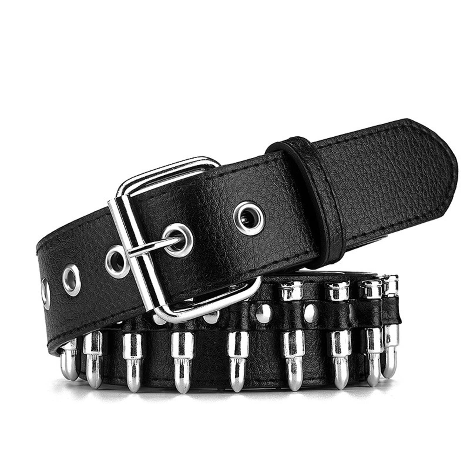 Rsleepd Bullet Studded Belt, Punk Rivet Belt Black Leather Rock Belt with Silver Bullet for Women Men