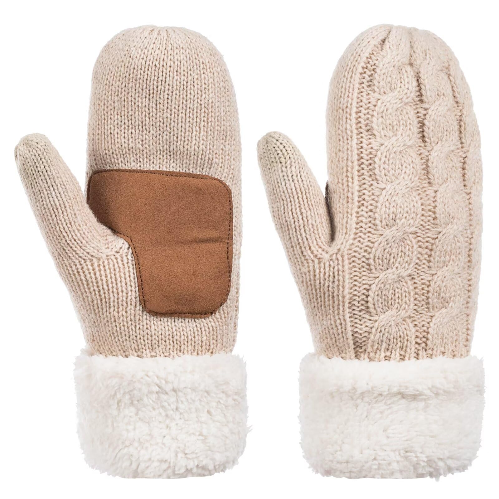 Mittens for Women Cold Weather, Womens Mittens Merino Wool Cable Knit Warm with Thick Thermal Fleece Lined, Winter Gloves with Touchscreen Fingers Anti-Slip(Beige)