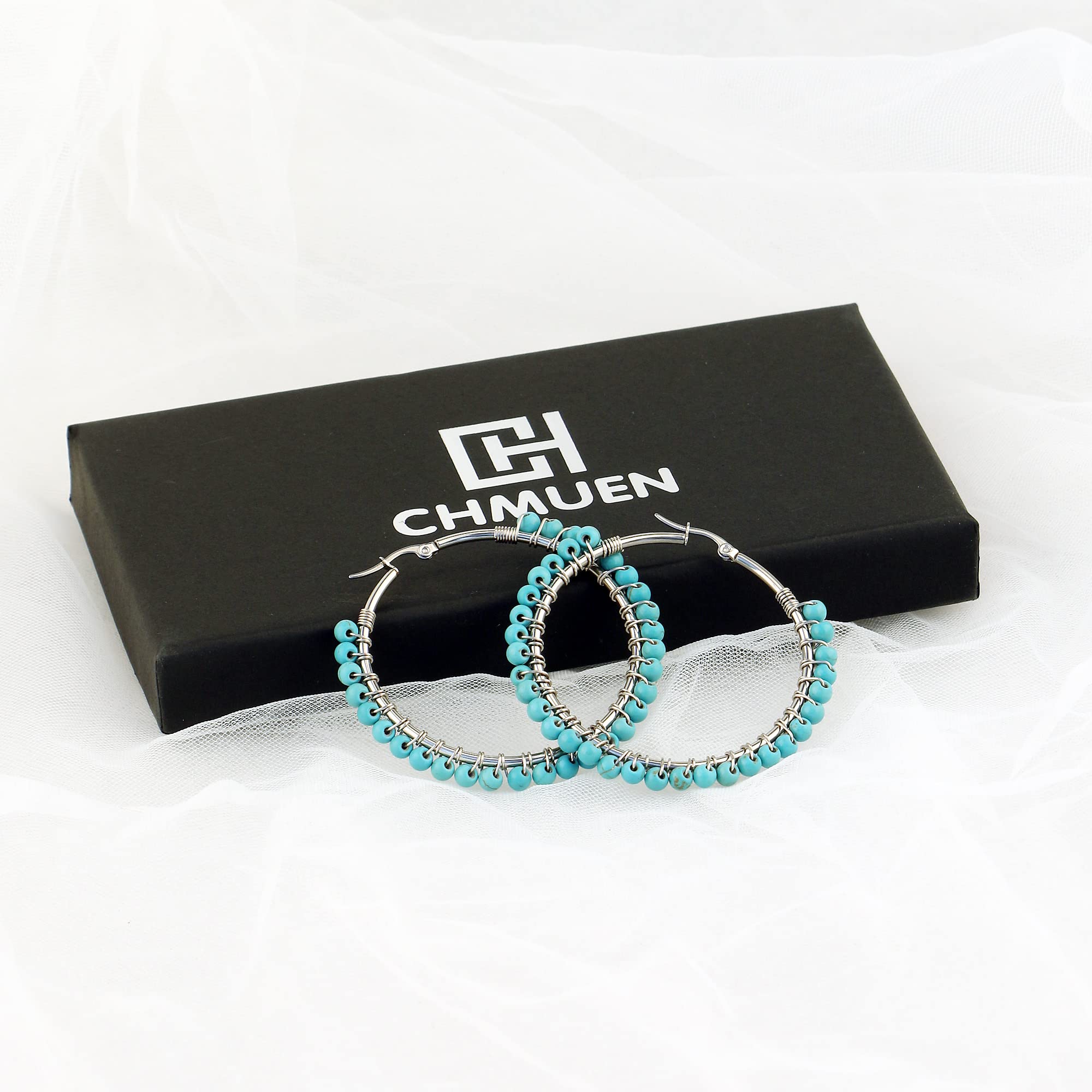 Chmuen Faux Turquoise Beaded Hoop Earrings Vintage Stainless Steel Big Earrings (50mm, Silver tone)