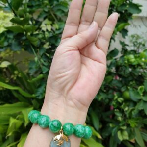 Heavens Tvcz Natural Green Jade Round 14 mm Gems Healing Energy Real Bracelet Bangle for Women Charms with Pendant Jade Coin Donut Money Powerful Thai Prosperity Success, Elastic Rope Inner Lenth