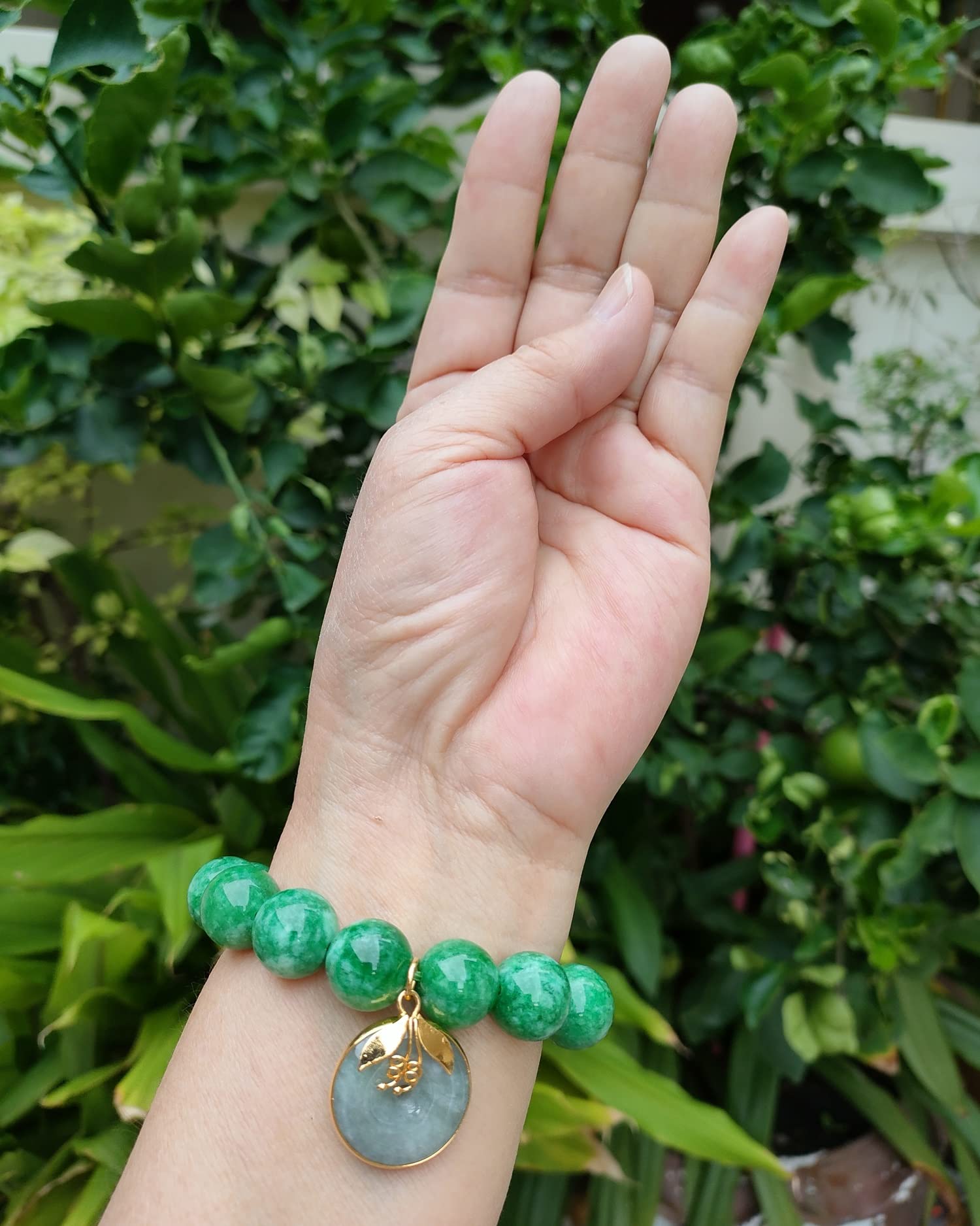 Heavens Tvcz Natural Green Jade Round 14 mm Gems Healing Energy Real Bracelet Bangle for Women Charms with Pendant Jade Coin Donut Money Powerful Thai Prosperity Success, Elastic Rope Inner Lenth