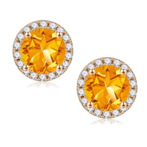 November Birthstone Stud Earrings for Women, 18K White Gold Plated S925 Sterling Silver Earrings Halo Round Cut Natural Citrine November Birthstone Stud Earrings for Women Anniversary Birthday Gifts