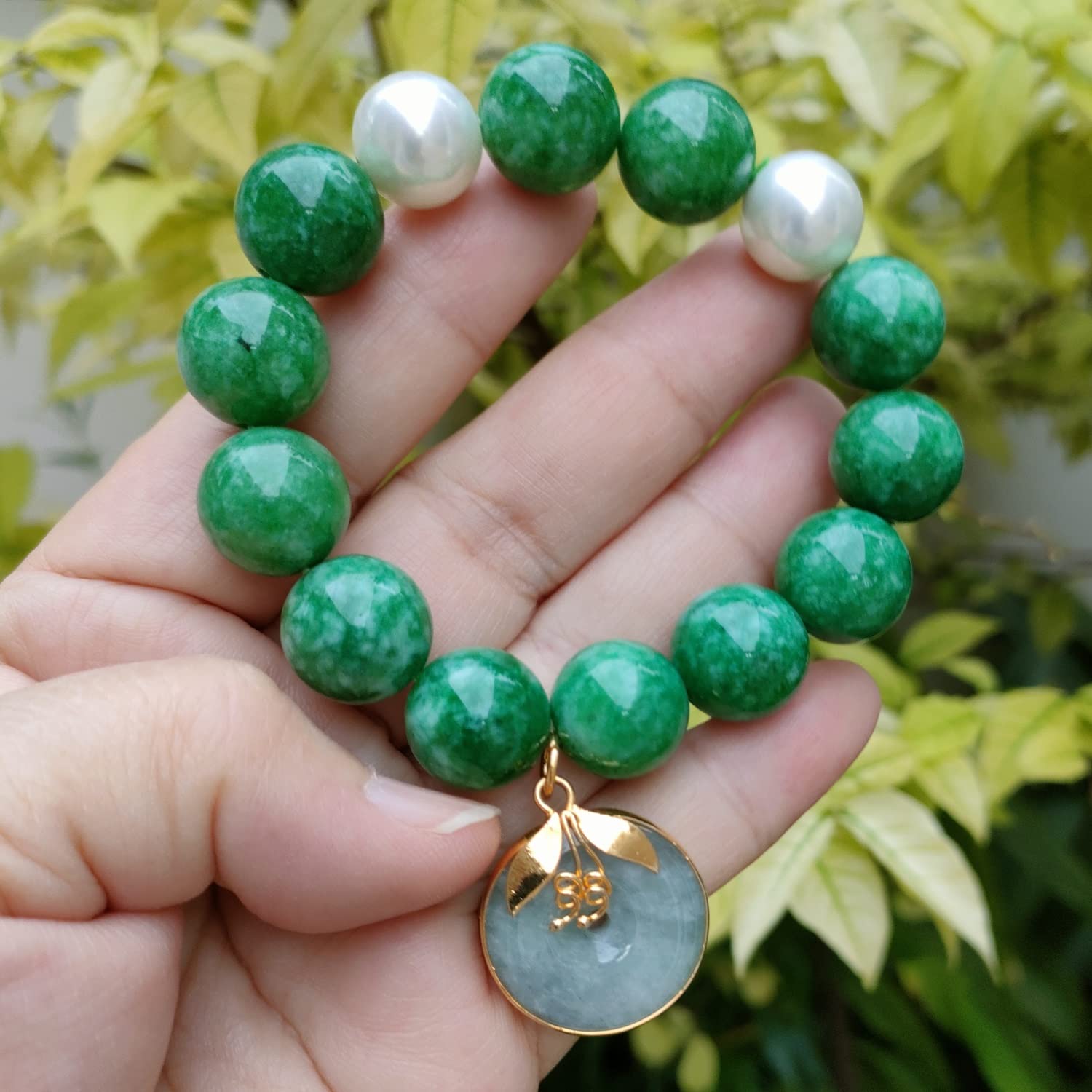 Heavens Tvcz Natural Green Jade Round 14 mm Gems Healing Energy Real Bracelet Bangle for Women Charms with Pendant Jade Coin Donut Money Powerful Thai Prosperity Success, Elastic Rope Inner Lenth