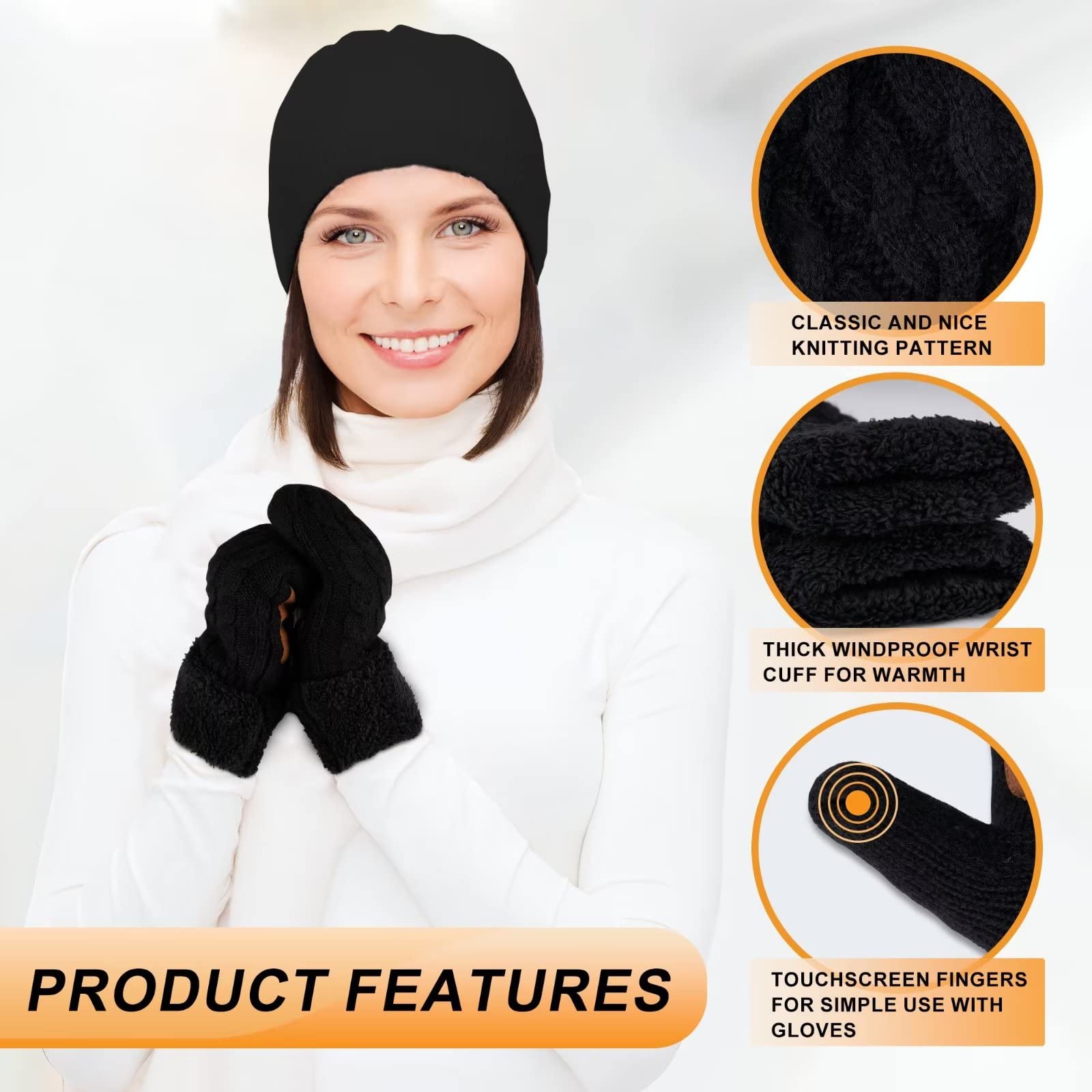 Mittens for Women Cold Weather, Womens Mittens Merino Wool Cable Knit Warm with Thick Thermal Fleece Lined, Winter Gloves with Touchscreen Fingers Anti-Slip(Beige)