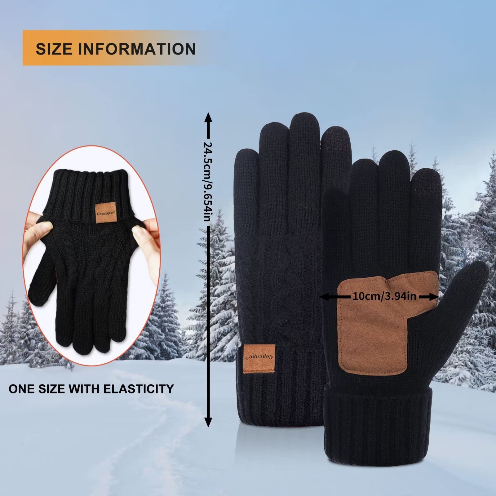 Winter Gloves Women Cold Weather, Gloves for Women Warm Merino Wool Cable Knit with Thick Thermal Thinsulate Lined, Womens Gloves with Touchscreen Fingers Anti-Slip(Black)