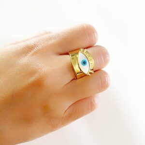 LESLIE BOULES 18K Gold Plated Evil Eye Ring Adjustable Size Jewelry for Women