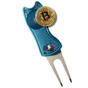 hodl 21 bitcoin golf divot repair tool, all-metal golf accessories - 3- in-1 golf multitool (divot tool, ball marker, club holder) | foldable with with pop-up button & magnetic ball marker