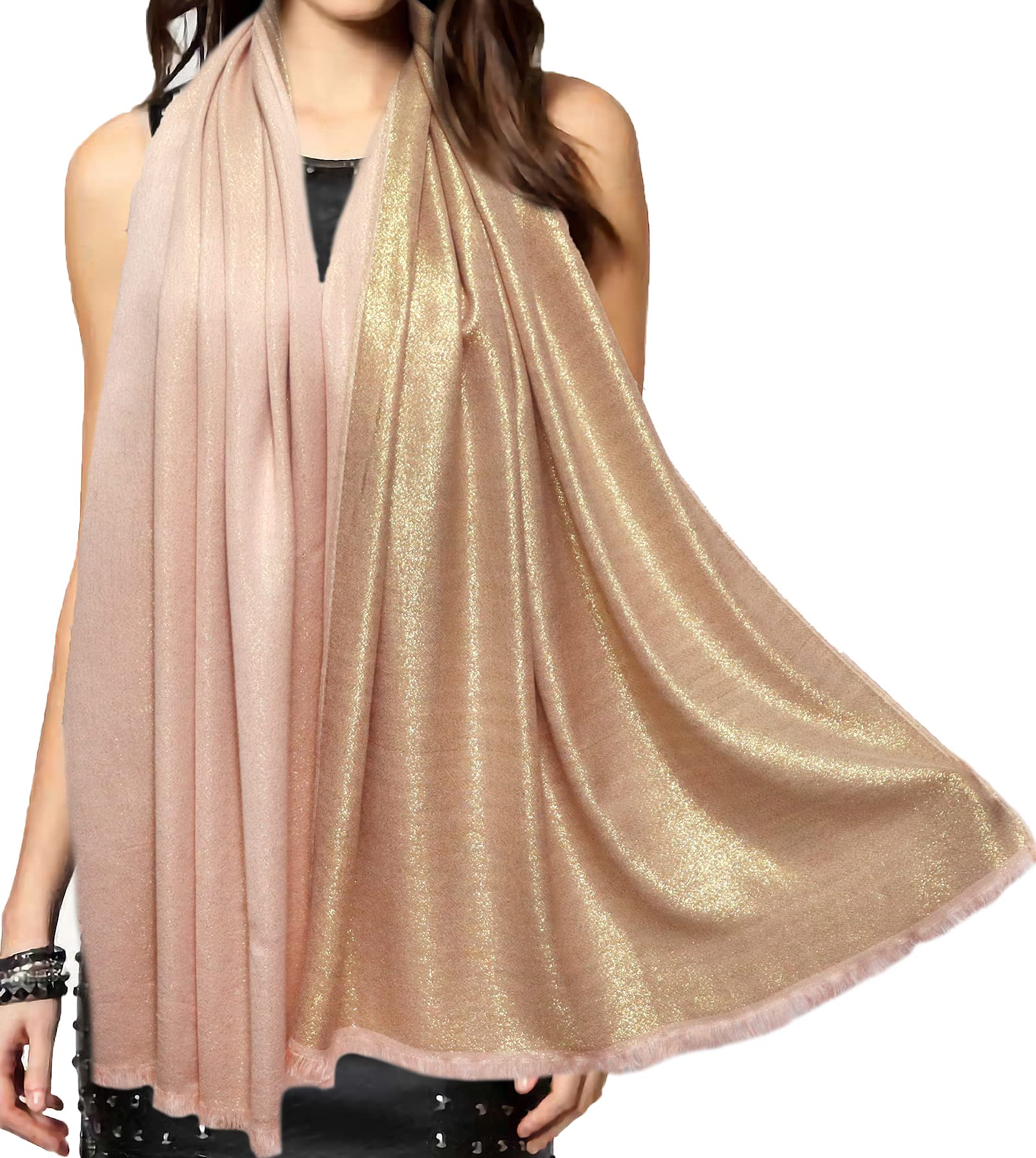 Gragengs Women's Sparkling Metallic Pashmina Shawls and Wraps Long Party Scarf Solid Color Two Tone,Rose Gold